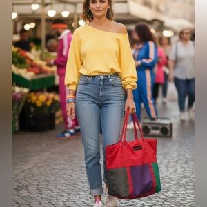 Vintage 80s Jordache Colorblock Nylon Tote Retro Zip Top Bag